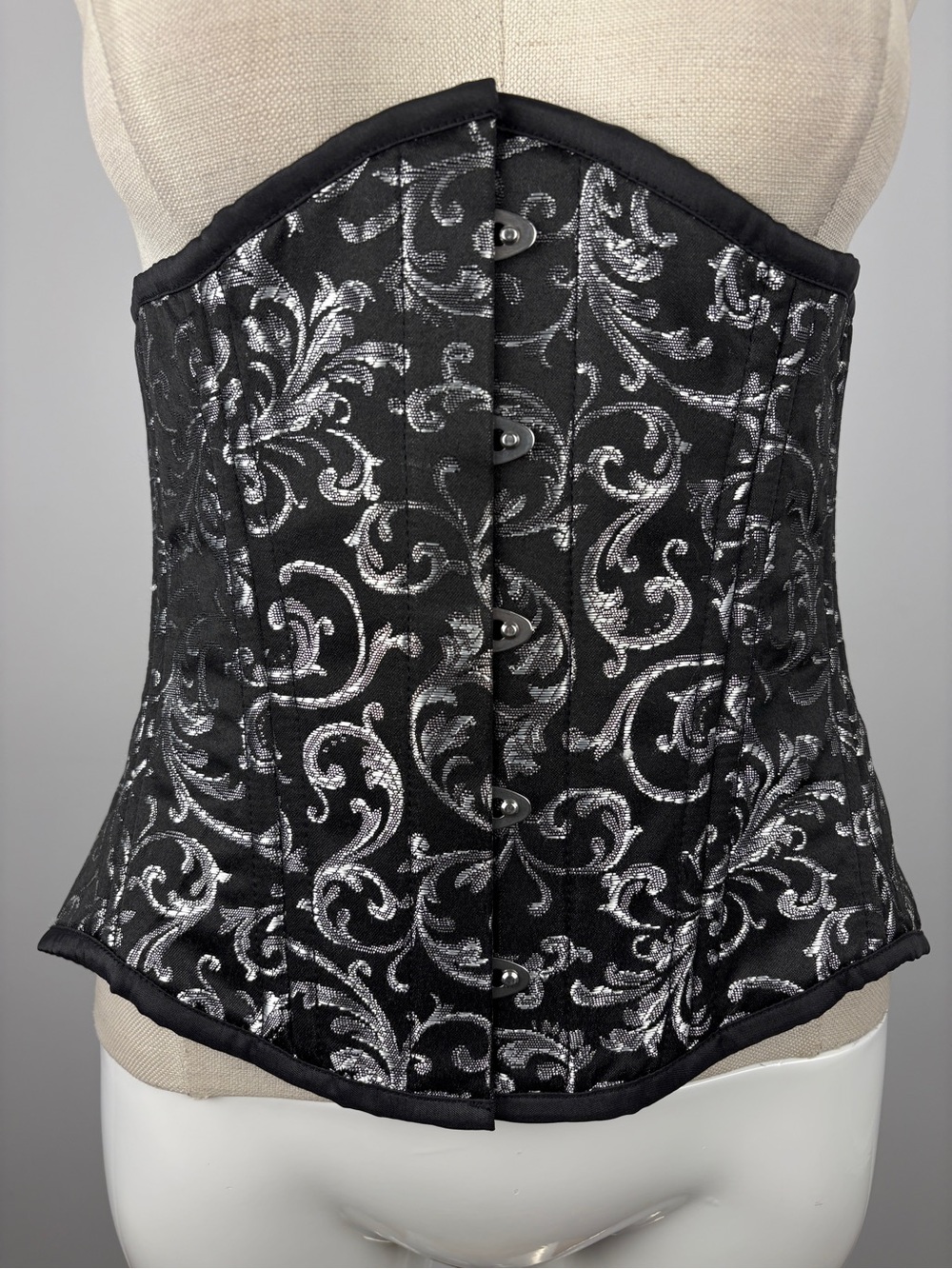 Gothic Black Silver Brocade Underbust Corset  Steel Boned Waist Cincher 22